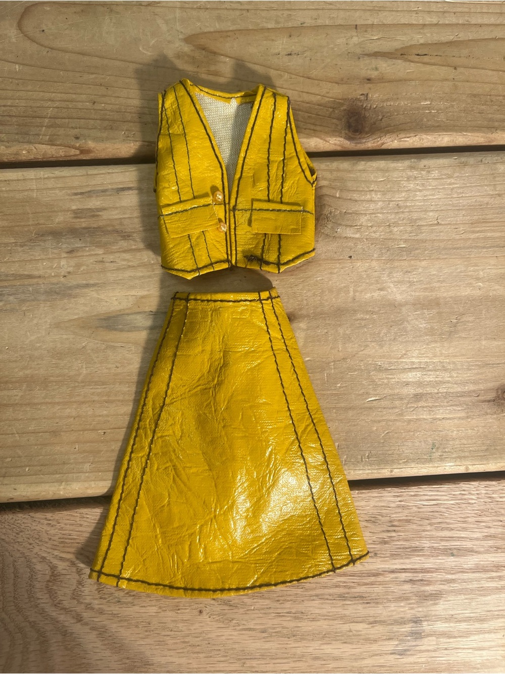 Barbie Clone Vintage 1970's Maddie Mod Style Yellow Faux Leather Skirt & Vest